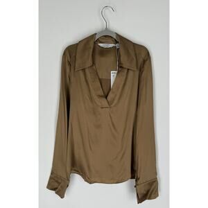 & Other Stories Boxy V Neck Collar Silk Long Sleeve Shirt Womens 2 Gold Bronze